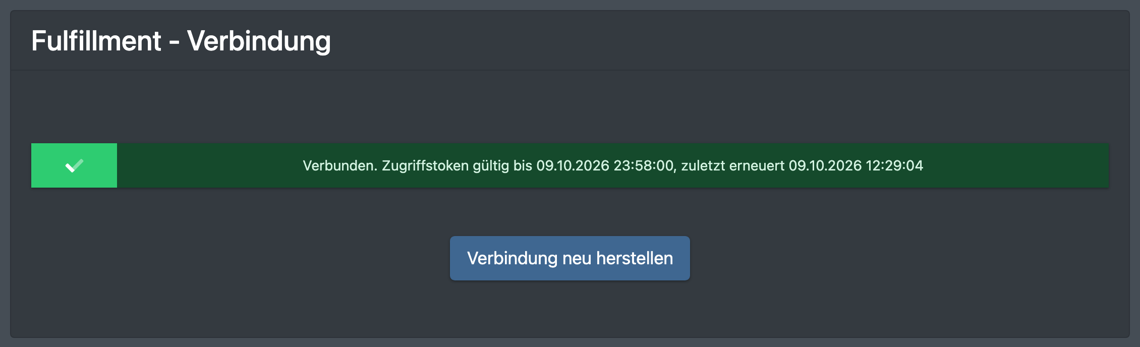 Screenshot: Seite „Fulfillment - Verbindung“ mit dem grünen Status „Verbunden.“ und der Schaltfläche „Verbindung neu herstellen“