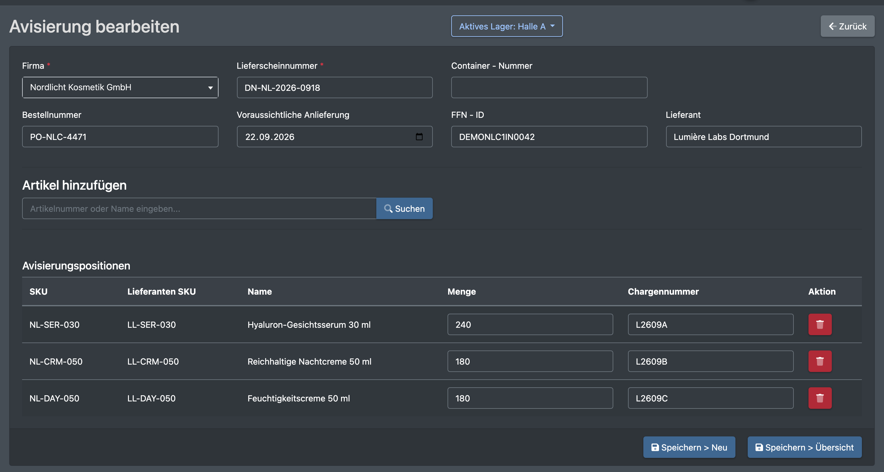Screenshot: Avis aus FFN mit eingelagerten Positionen und dem Status abgeschlossen