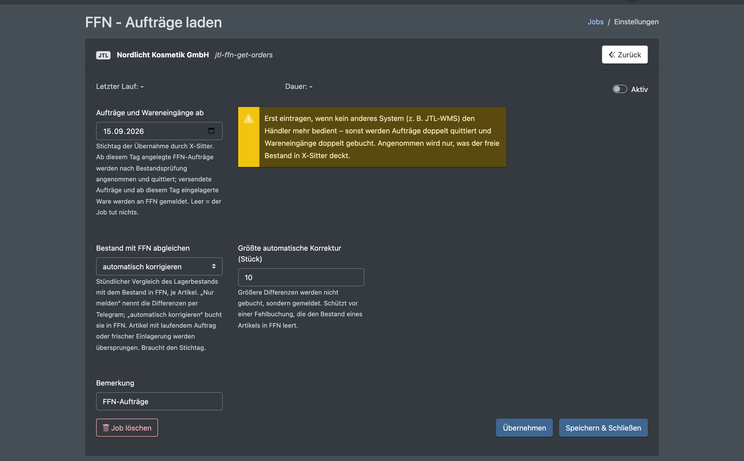 Screenshot: Job-Maske von „FFN - Aufträge laden“ mit dem Stichtag, dem Hinweis zum Parallelbetrieb und den Feldern für den Bestandsabgleich