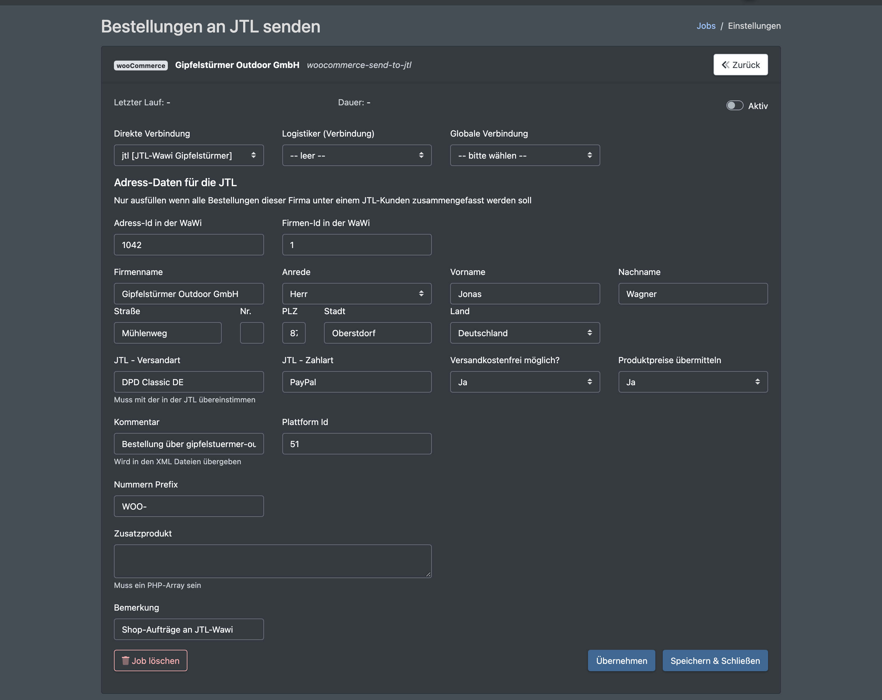 Screenshot: Job-Maske eines Jobs „Bestellungen an JTL senden“ mit der Verbindungsauswahl und dem Block „JTL-Daten“