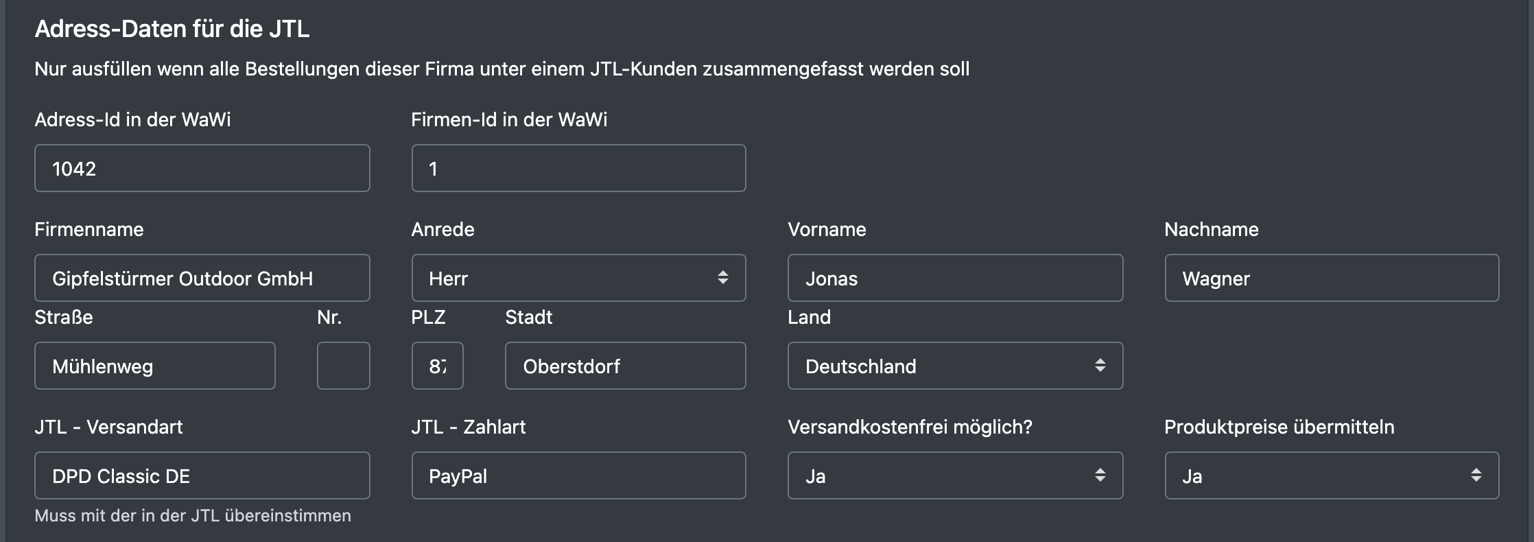 Screenshot: Der Block „JTL-Daten“ eines Jobs mit Versandart, Zahlart und den Adress-Daten für einen JTL-Kunden