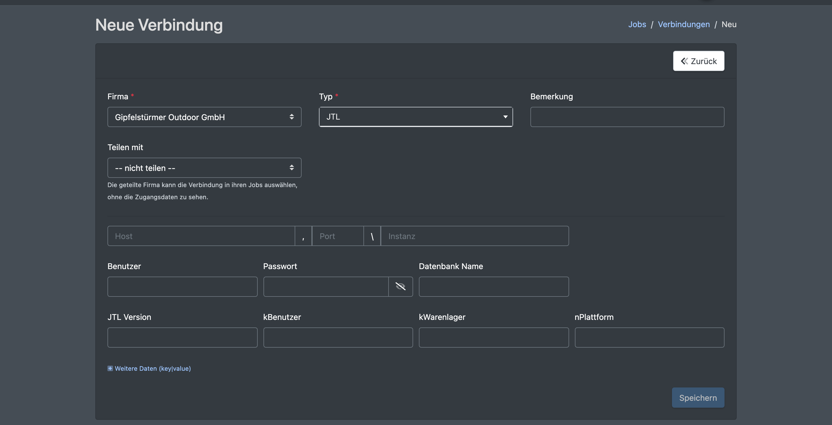 Screenshot: Formular „Neue Verbindung“ mit gewähltem Typ JTL und den SQL-Zugangsfeldern Host, Port, Instanz, Benutzer, Passwort, Datenbank Name und JTL Version