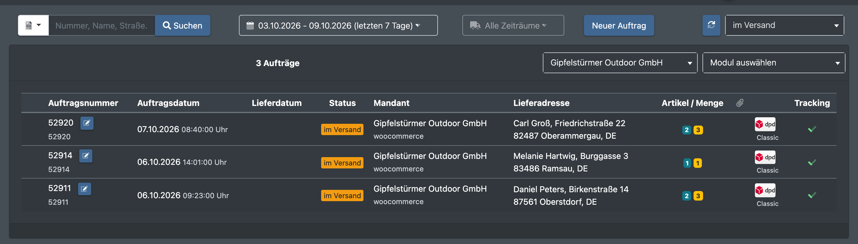 Screenshot: Auftragsübersicht, gefiltert auf an JTL übergebene Aufträge, mit dem Status „im Versand“ und einer Trackingnummer