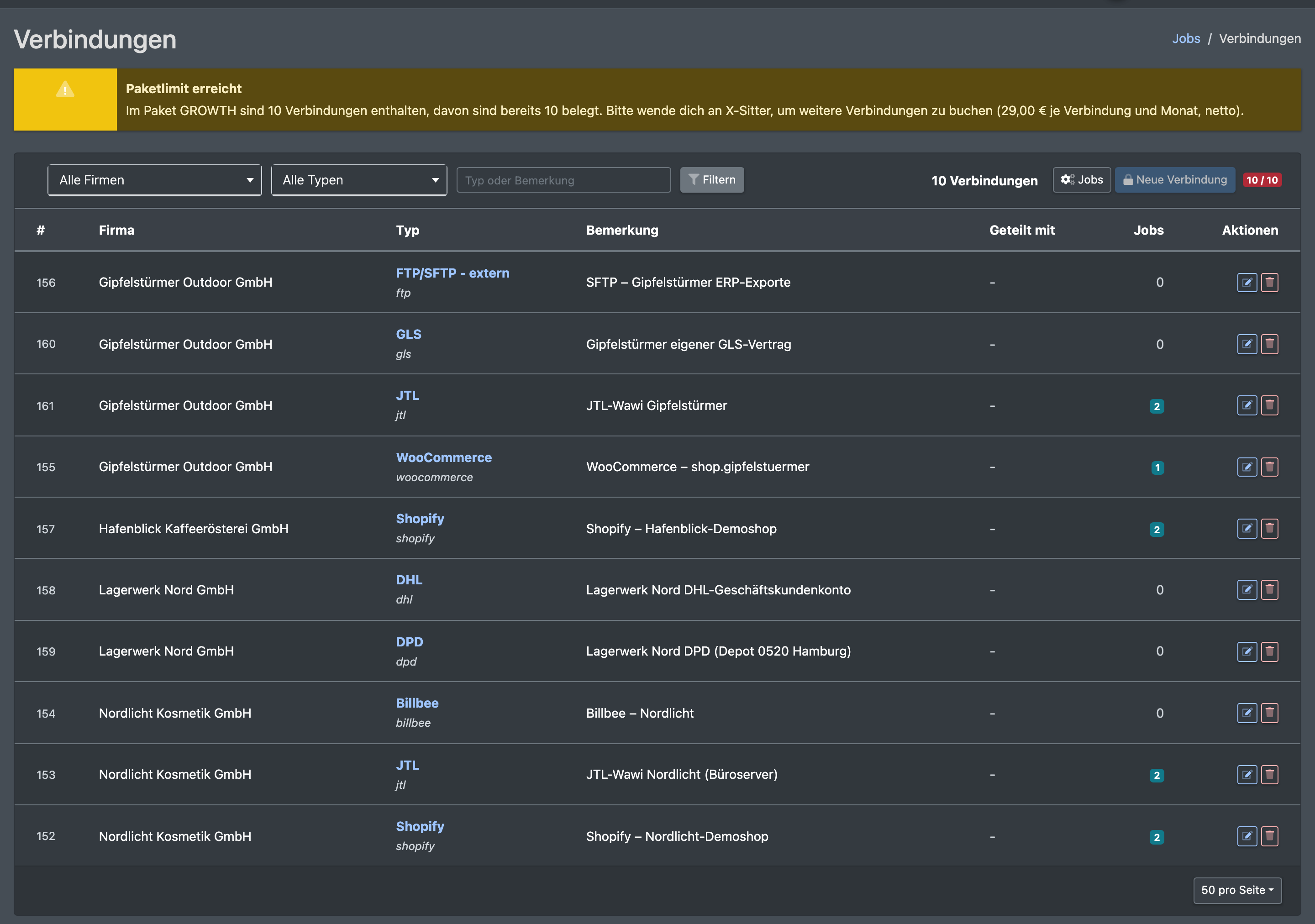 Screenshot: Administration › Jobs & Verbindungen, Reiter „Verbindungen“ mit einer Verbindung vom Typ JTL in der Liste