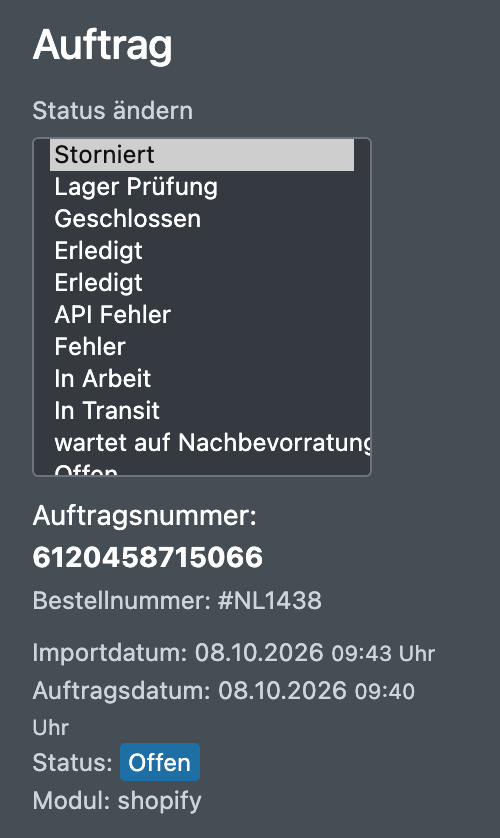 Screenshot: Status-Dropdown mit ausgewähltem „Storniert“