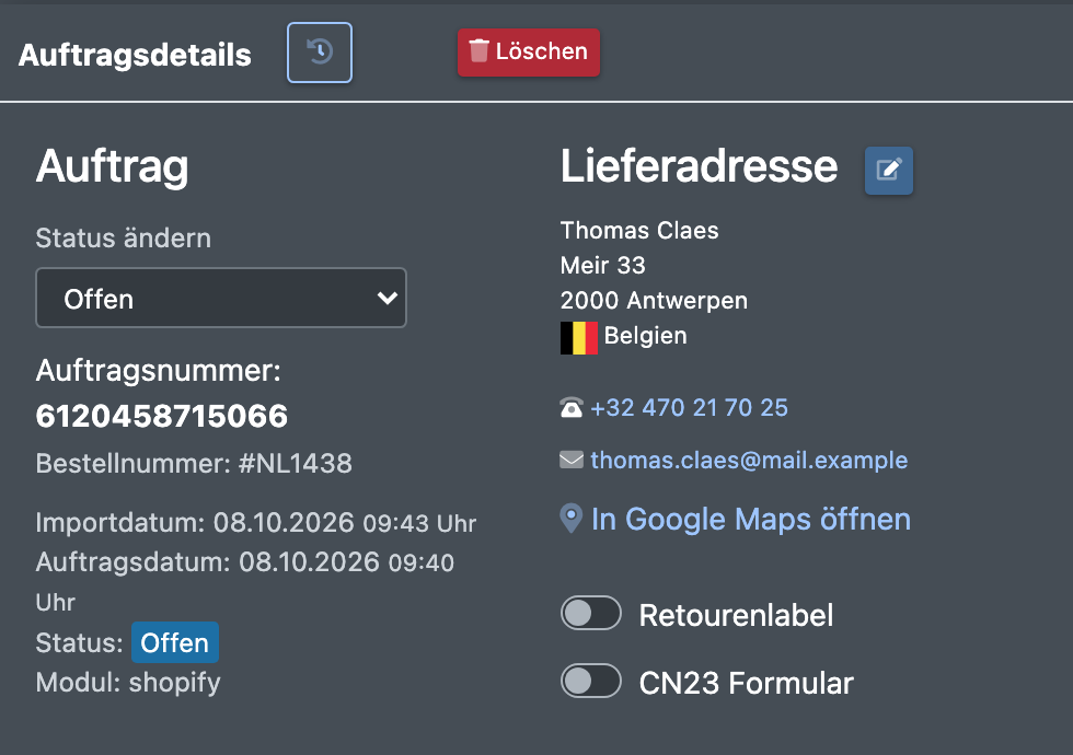 Screenshot: Auftragsdetails mit der Schaltfläche „Löschen“ im Kopf und dem Status-Dropdown