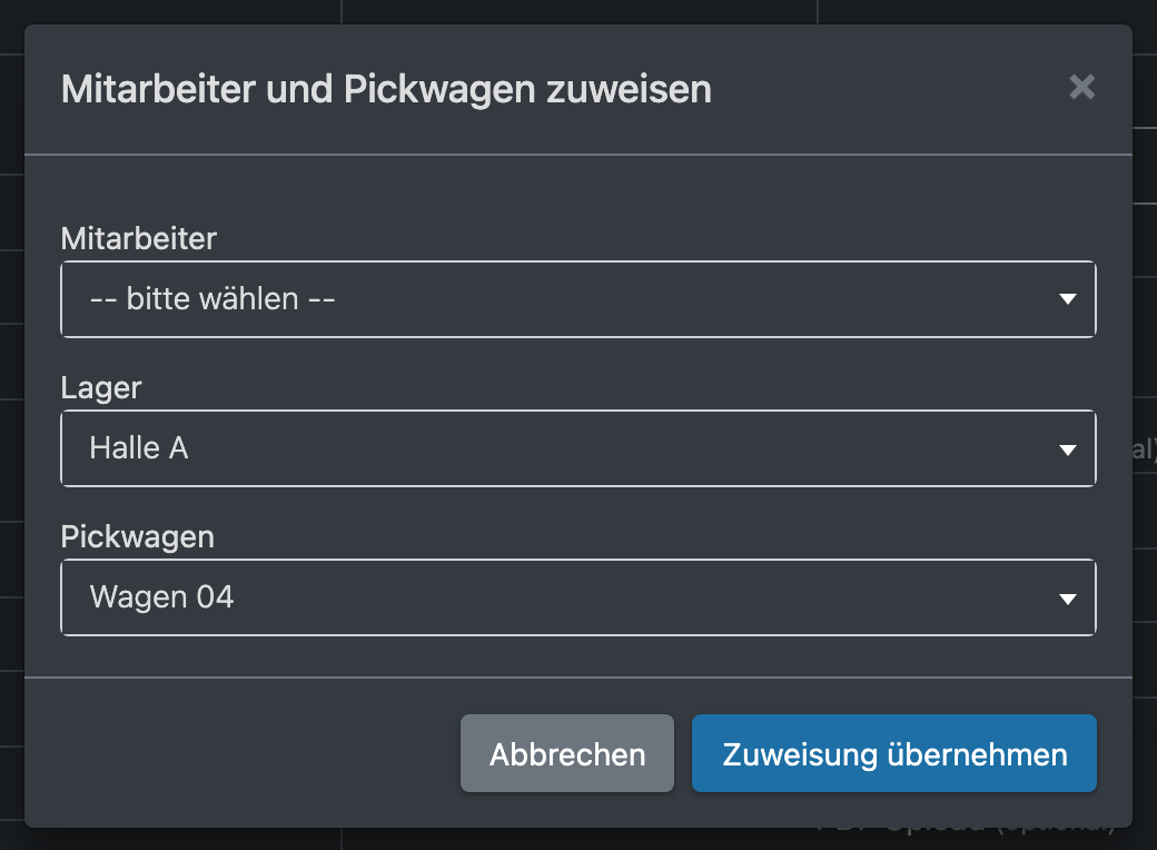 Screenshot: Dialog „Mitarbeiter zuweisen“ mit Mitarbeiter, Lager und Kommissionierwagen