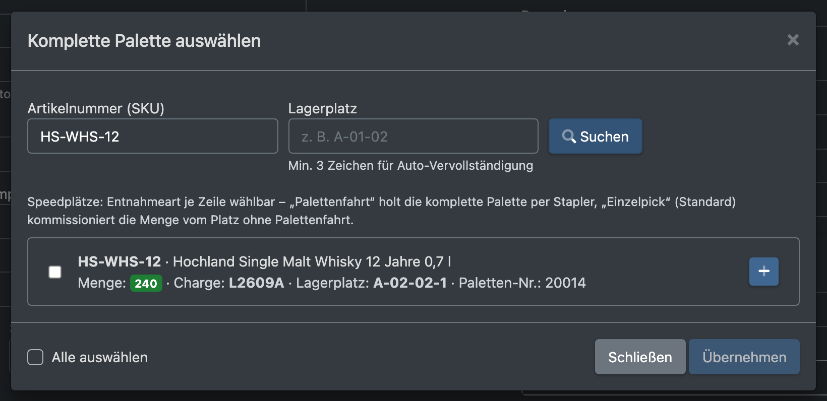 Screenshot: Dialog zur Palettenauswahl mit den verfügbaren Paletten je Lagerplatz