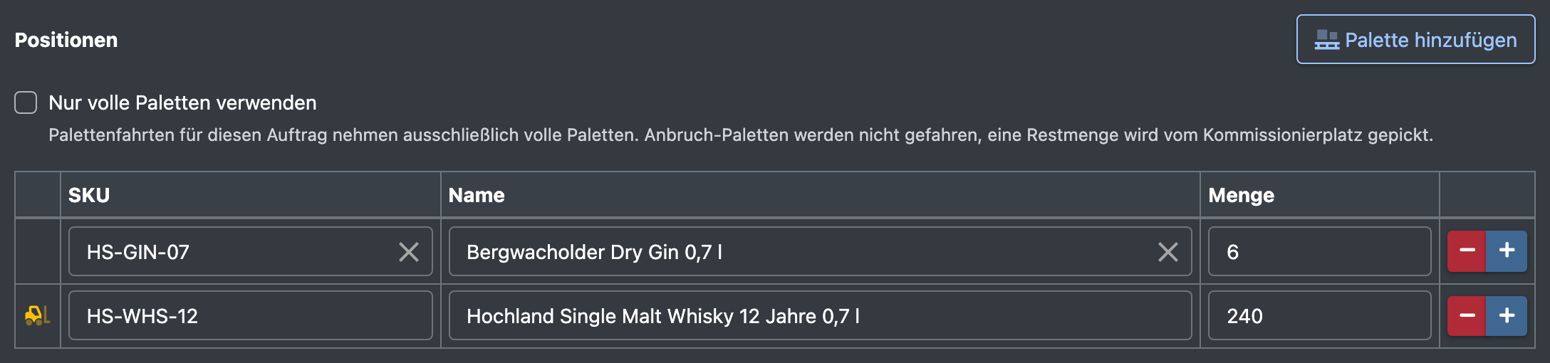 Screenshot: Positionstabelle mit einer Artikelposition und einer Palettenposition mit Stapler-Symbol