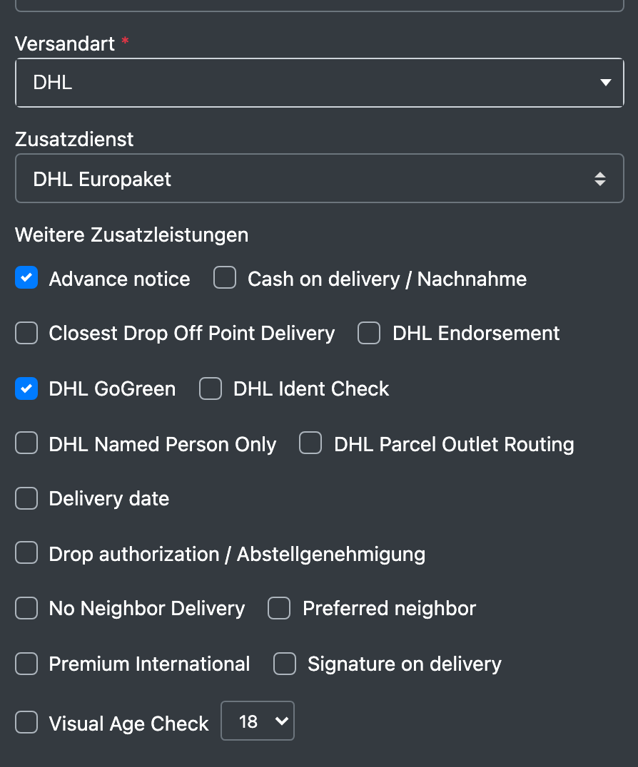Screenshot: Dropdown Versandart mit angezeigtem Zusatzdienst und weiteren Zusatzleistungen