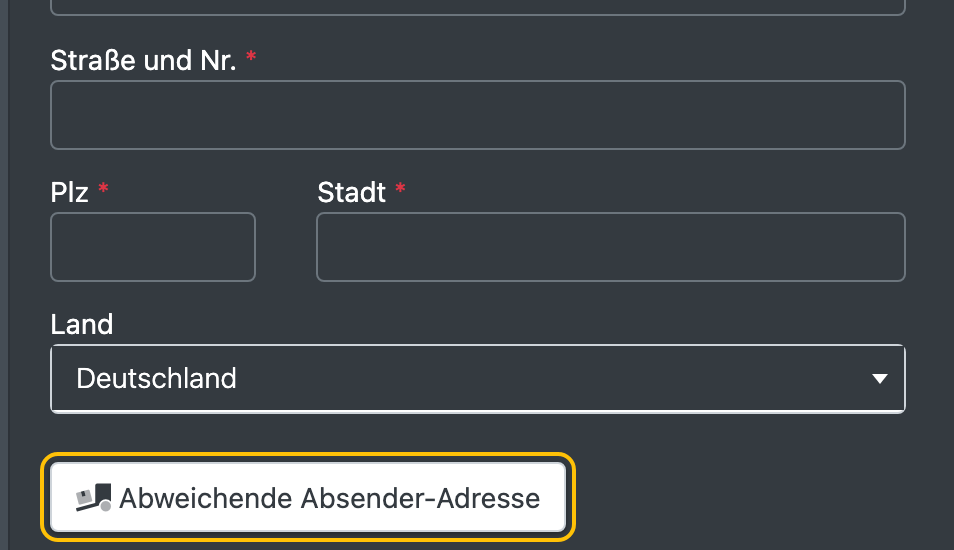 Screenshot: Auftragsformular mit der Schaltfläche „Abweichende Absender-Adresse“ neben dem Adressblock