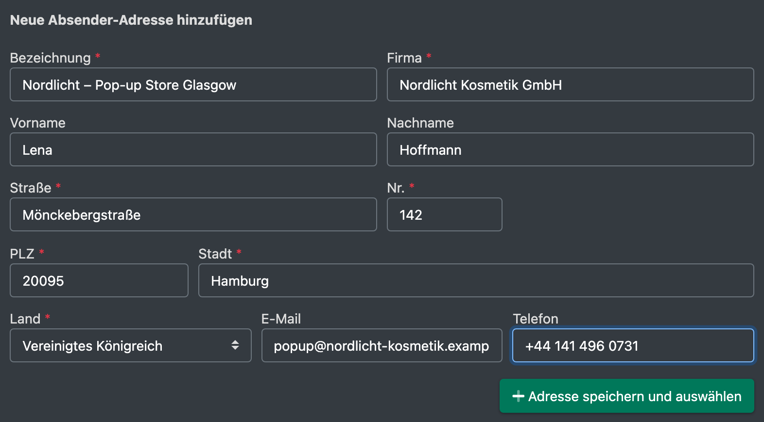 Screenshot: Formular „Neue Absender-Adresse hinzufügen“ mit allen ausgefüllten Feldern