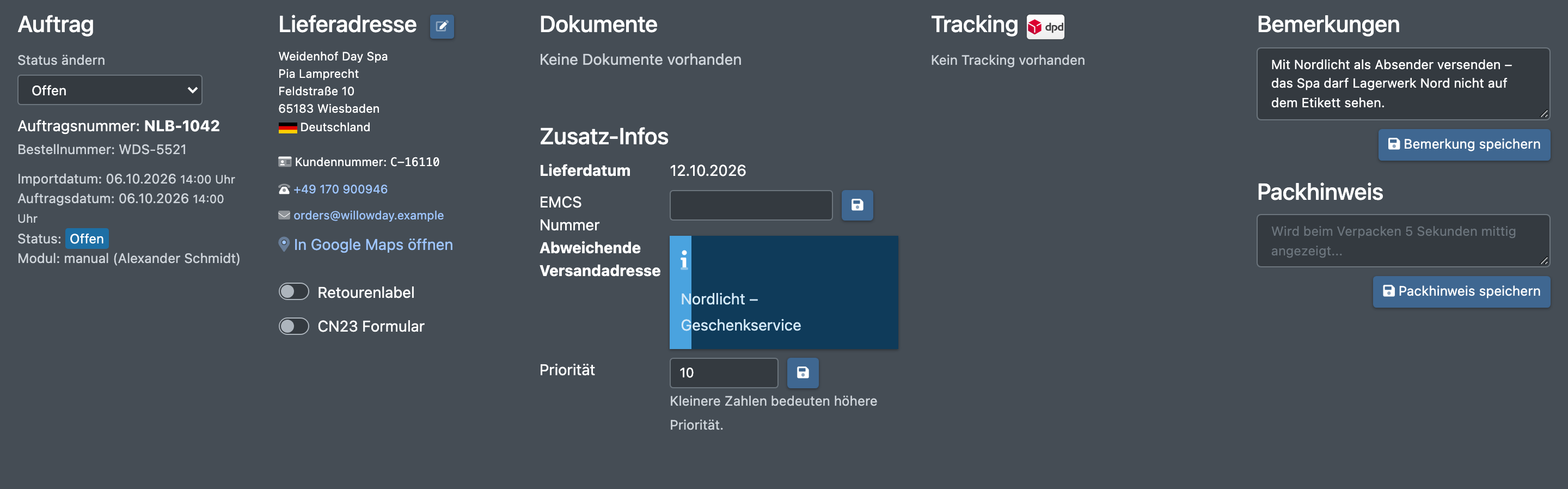 Screenshot: Auftragsdetails mit dem Eintrag „Abweichende Versandadresse“ unter Zusatz-Infos
