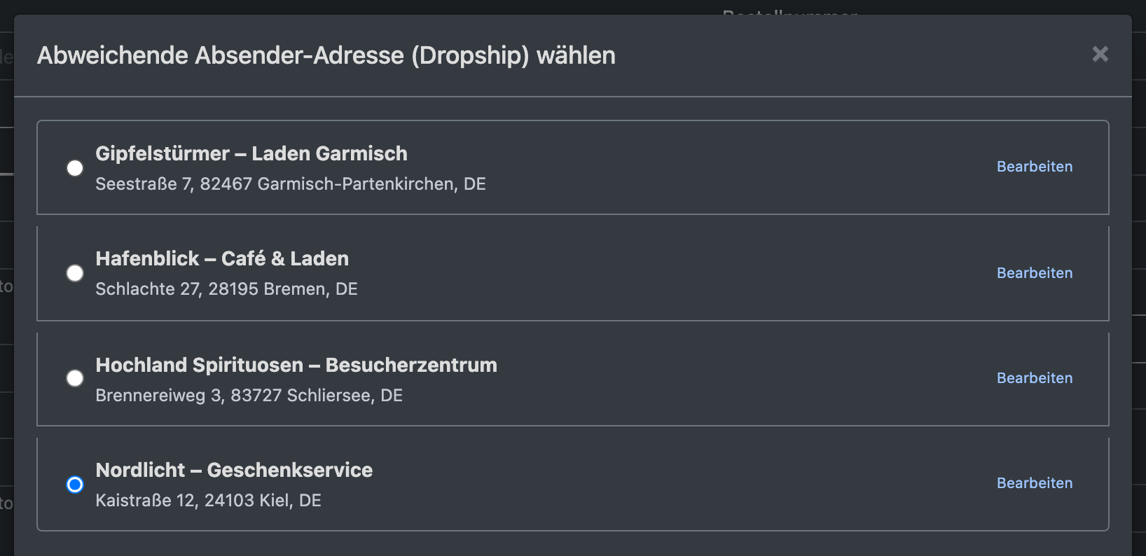 Screenshot: Dialog „Abweichende Absender-Adresse (Dropship) wählen“ mit einer Liste gespeicherter Adressen
