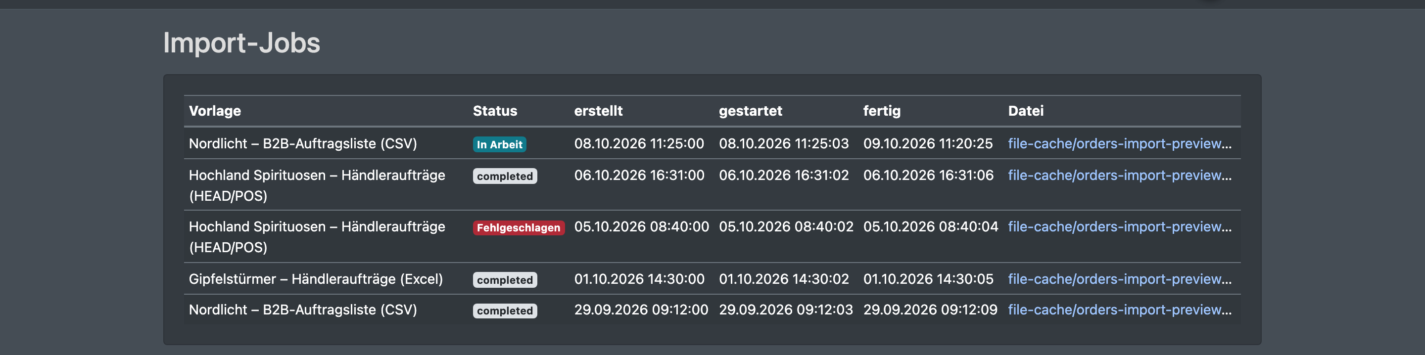 Screenshot: Liste der Import-Jobs mit Jobs in verschiedenen Status