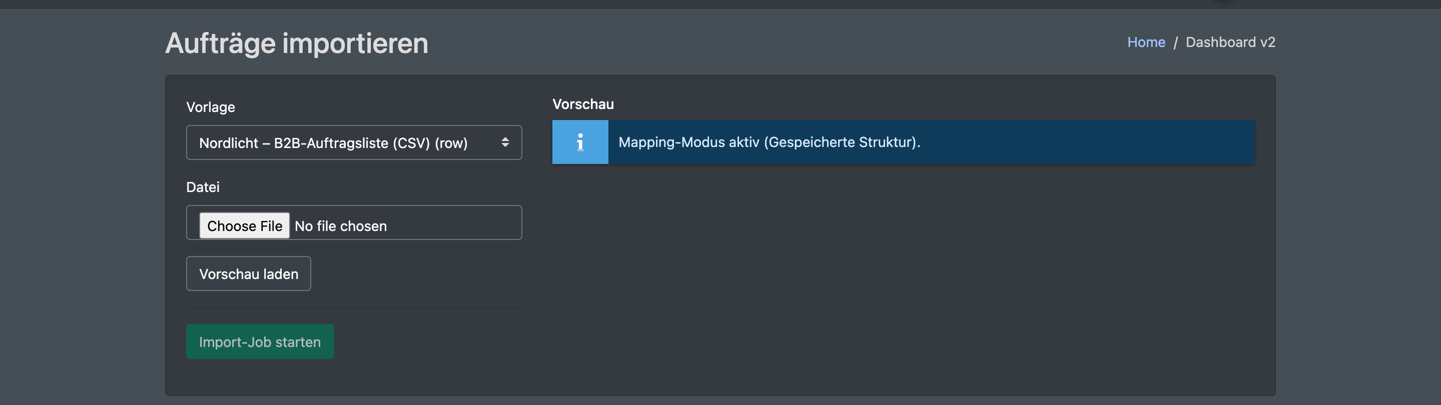 Screenshot: Seite „Aufträge importieren“ mit Vorlagenauswahl, Dateifeld und Vorschau