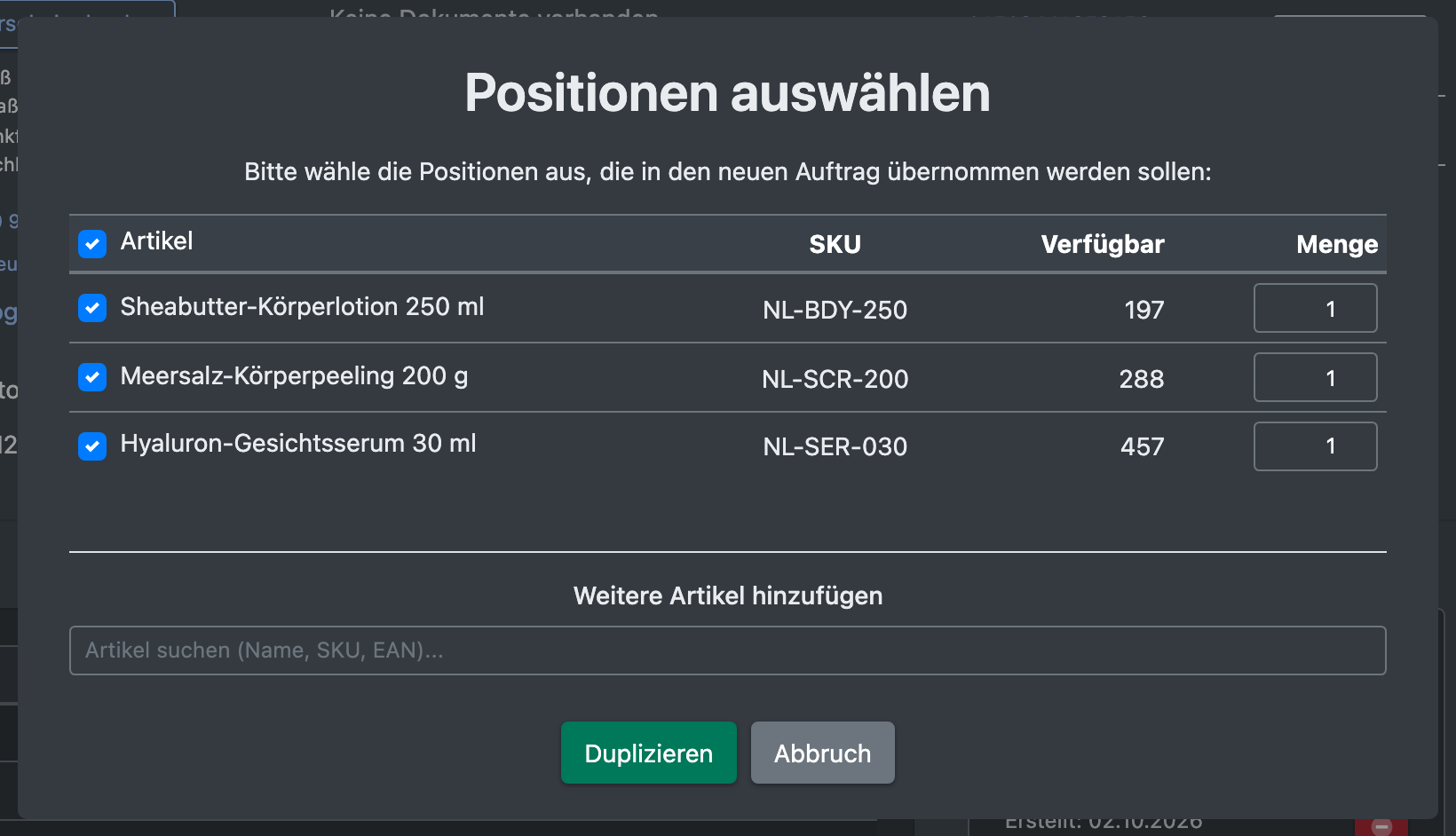 Screenshot: Dialog „Auftrag duplizieren“ mit ausgewählten Positionen und Mengenfeldern