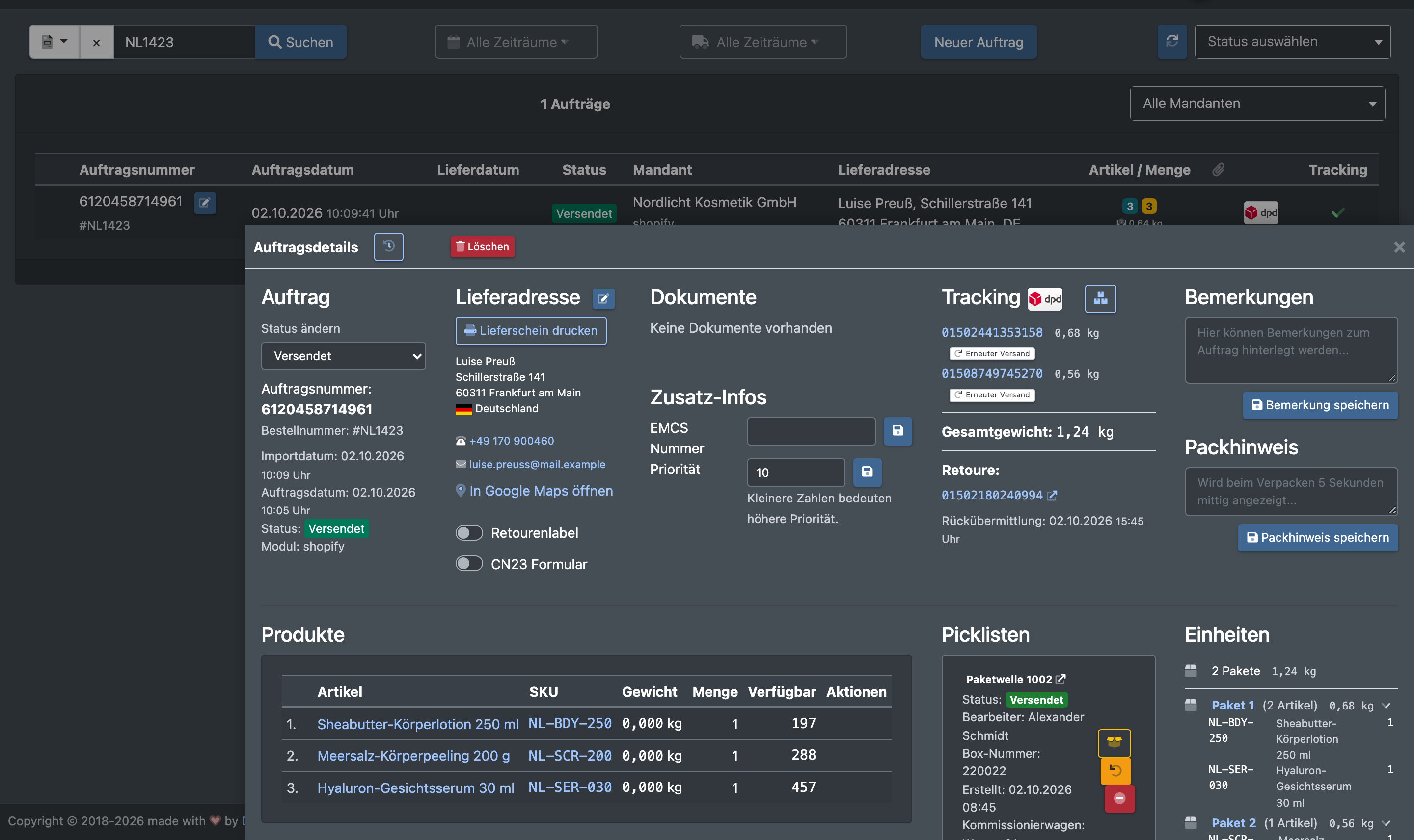 Screenshot: Geöffnete Auftragsdetails unterhalb der Auftragsübersicht