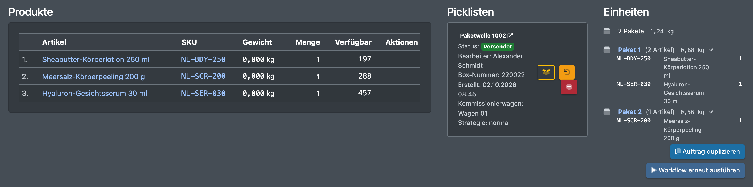 Screenshot: Unterer Teil der Auftragsdetails mit Produkten, Picklisten und Einheiten