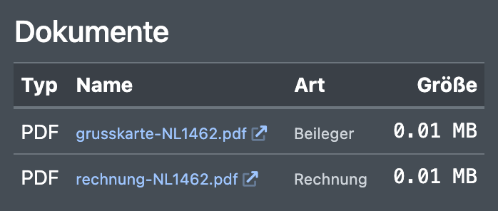 Screenshot: Bereich Dokumente in den Auftragsdetails mit zwei angehängten PDFs