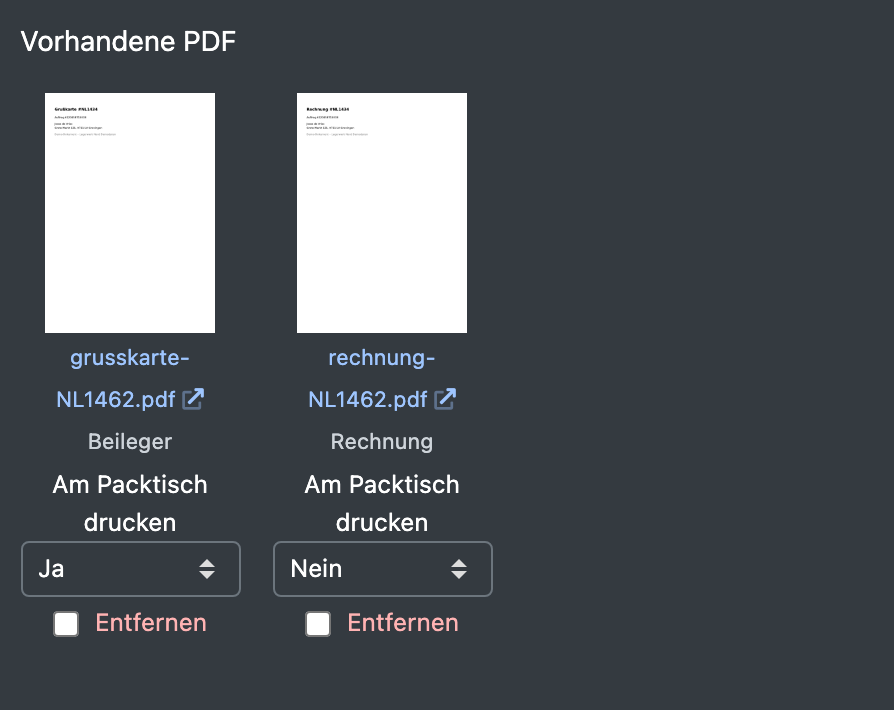 Screenshot: Bereich „Vorhandene PDF“ mit Vorschau, Druckoption und Checkbox „Entfernen“