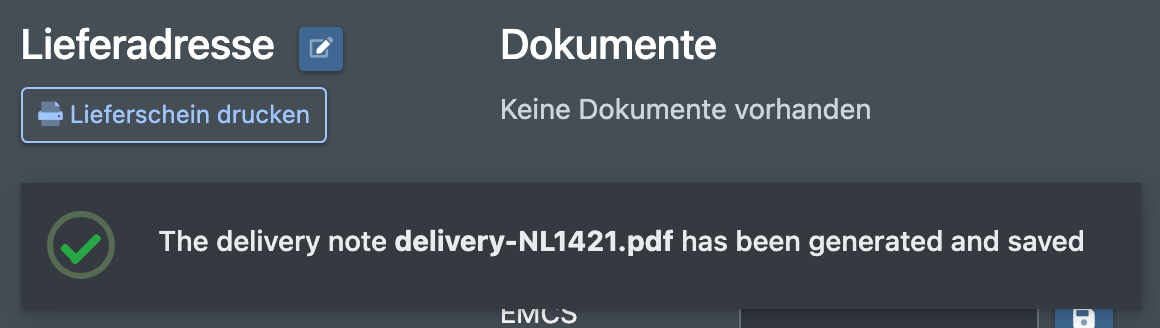 Screenshot: Schaltfläche „Lieferschein drucken“ in den Auftragsdetails und die Erfolgsmeldung