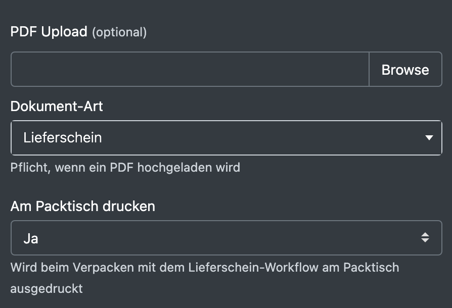 Screenshot: PDF-Upload-Feld mit Dokument-Art und „Am Packtisch drucken“ im Auftragsformular