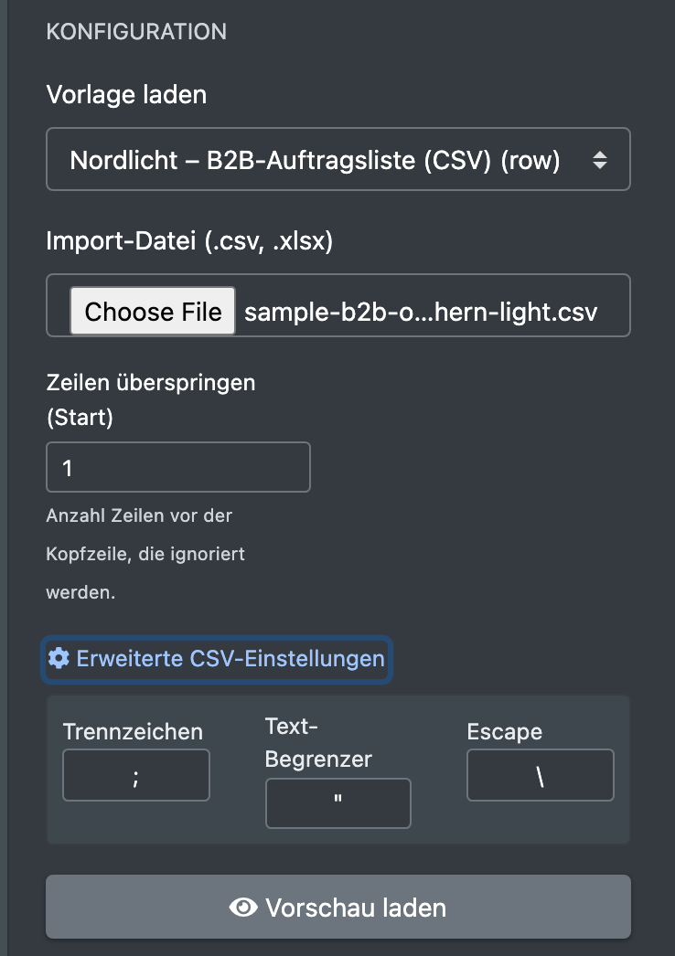 Screenshot: Block Konfiguration mit Datei, übersprungenen Zeilen und geöffneten erweiterten CSV-Einstellungen