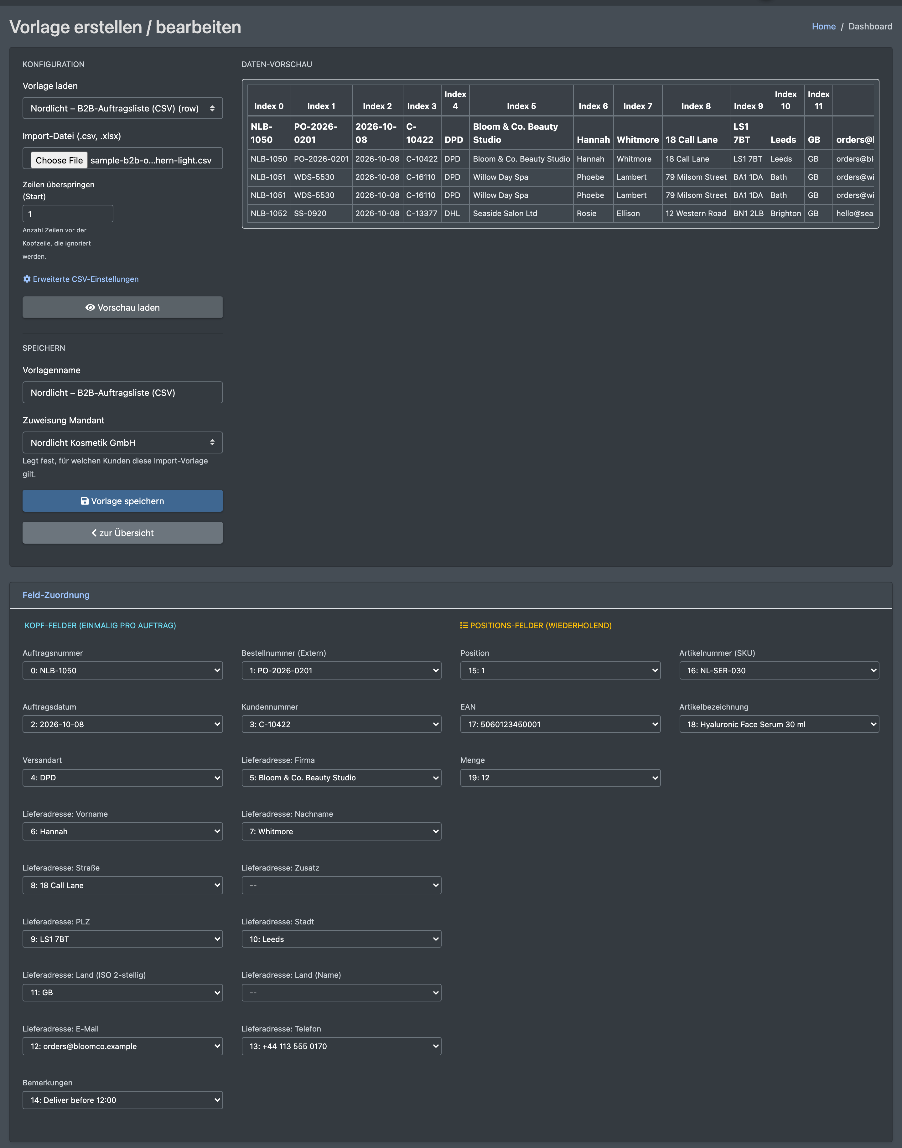 Screenshot: Seite „Vorlage erstellen / bearbeiten“ mit Konfiguration, Daten-Vorschau und Feld-Zuordnung