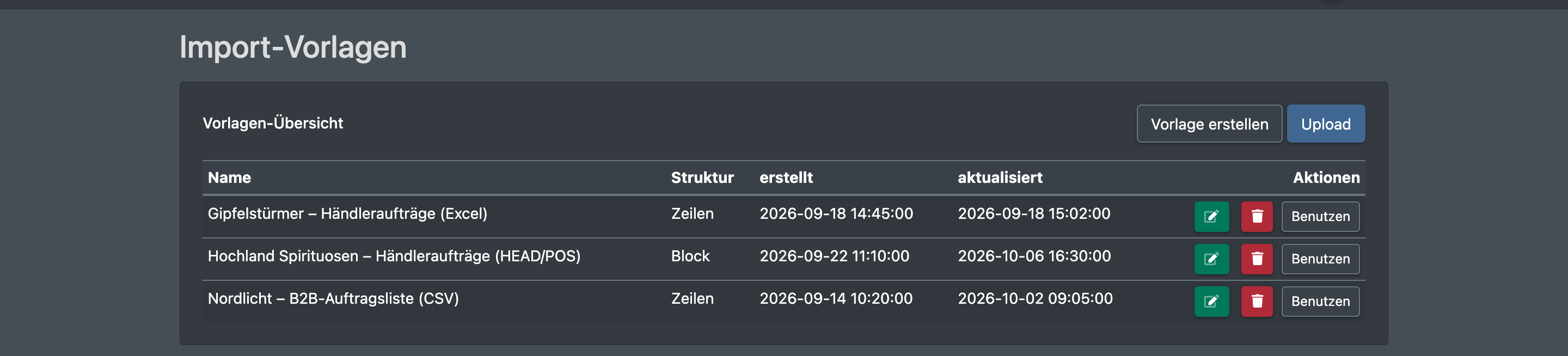 Screenshot: Vorlagenübersicht mit den Aktionen „Benutzen“ und „Löschen“