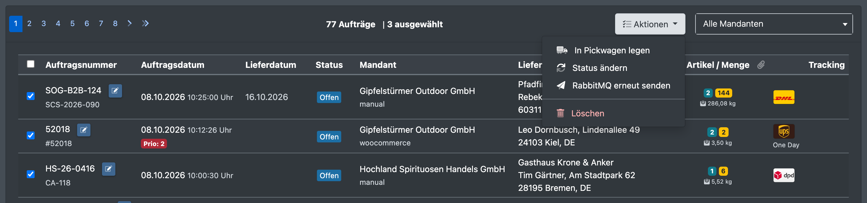 Screenshot: Mehrere angehakte Aufträge und geöffnetes Menü „Aktionen“