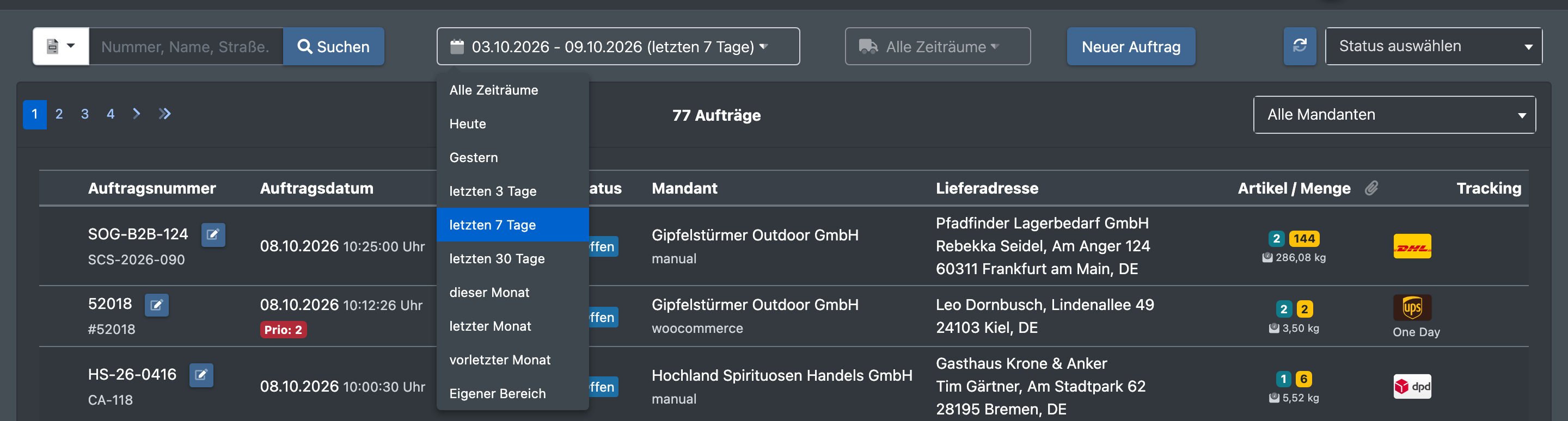 Screenshot: Filterleiste mit geöffneten Datumsvorgaben und dem Status-Dropdown