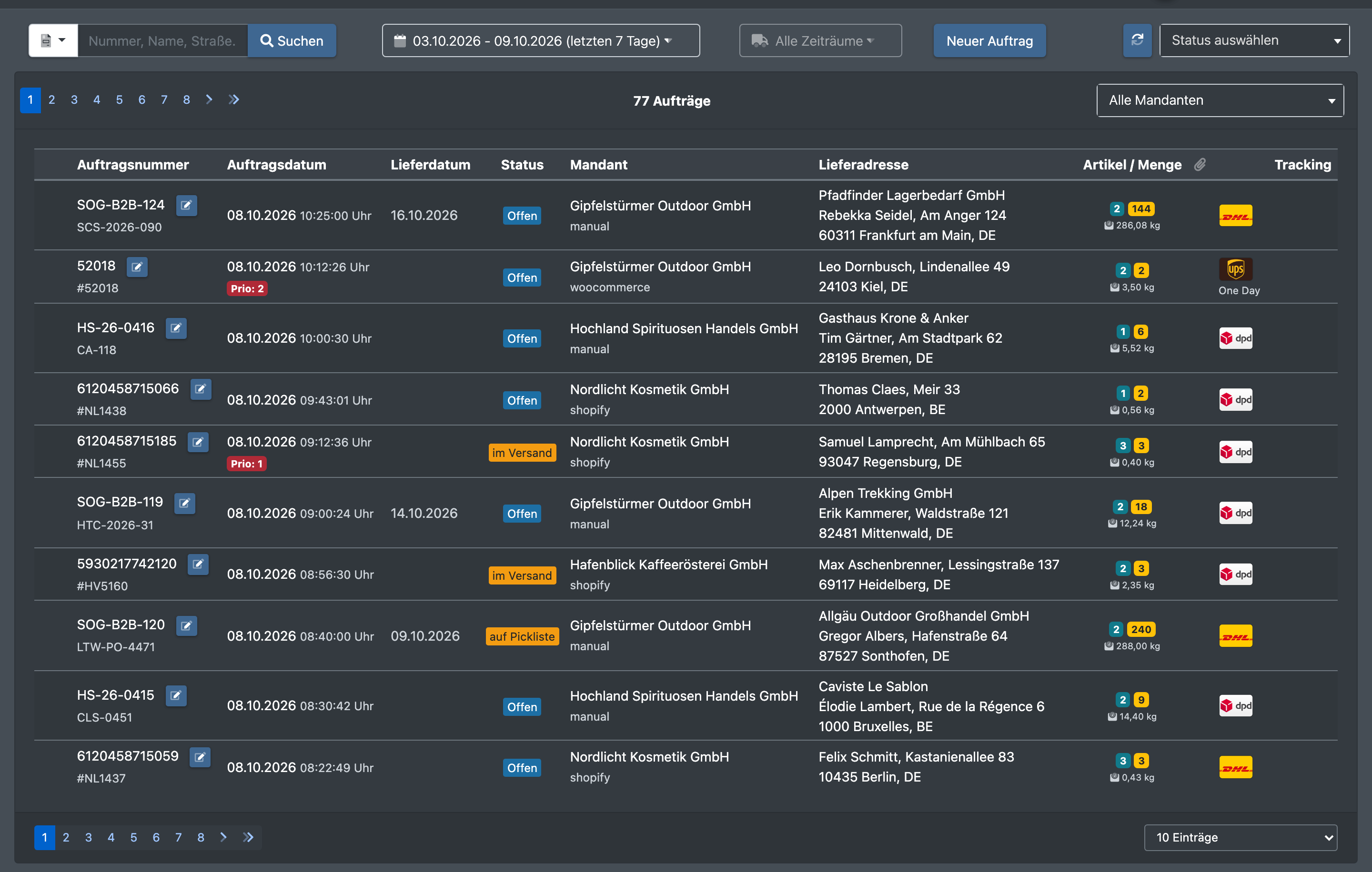Screenshot: Auftragsübersicht mit Suchleiste, Filtern und Auftragsliste