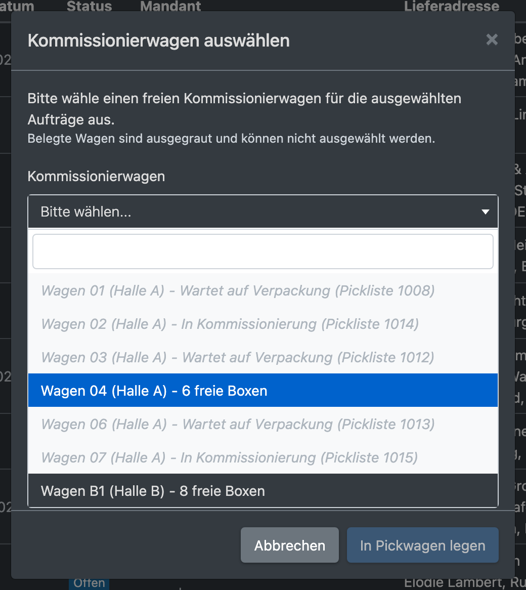 Screenshot: Dialog „Kommissionierwagen auswählen“ mit freien und ausgegrauten Wagen