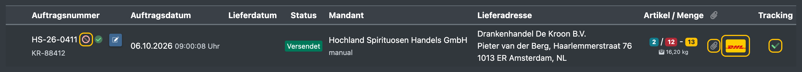 Screenshot: Einzelne Auftragszeile mit hervorgehobenem Symbol für unbekannte Artikel, Büroklammer, Versand-Logo und Tracking-Haken