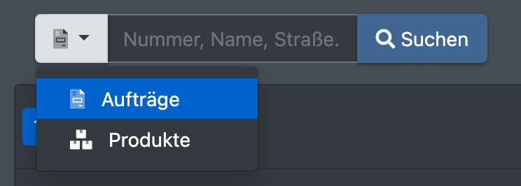 Screenshot: Geöffnetes Suchmodus-Dropdown mit den Optionen „Aufträge“ und „Produkte“