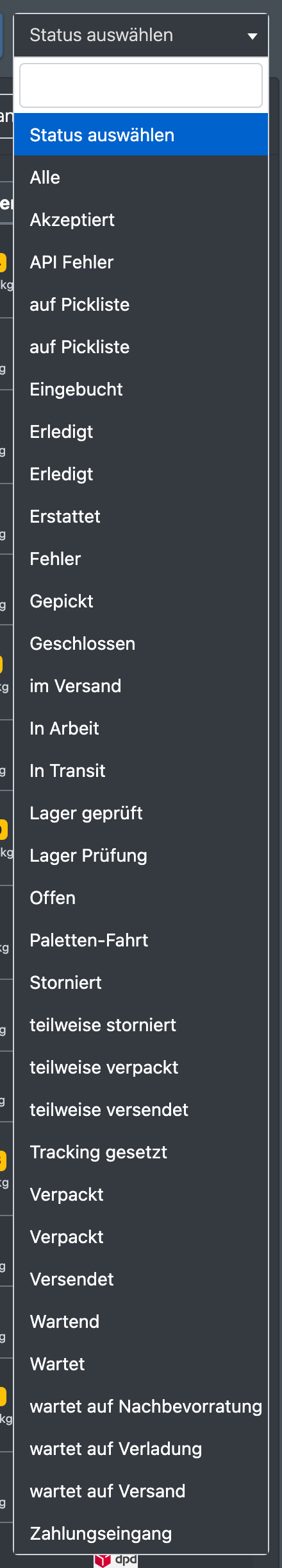 Screenshot: Status-Filter-Dropdown in der Auftragsübersicht mit allen Status