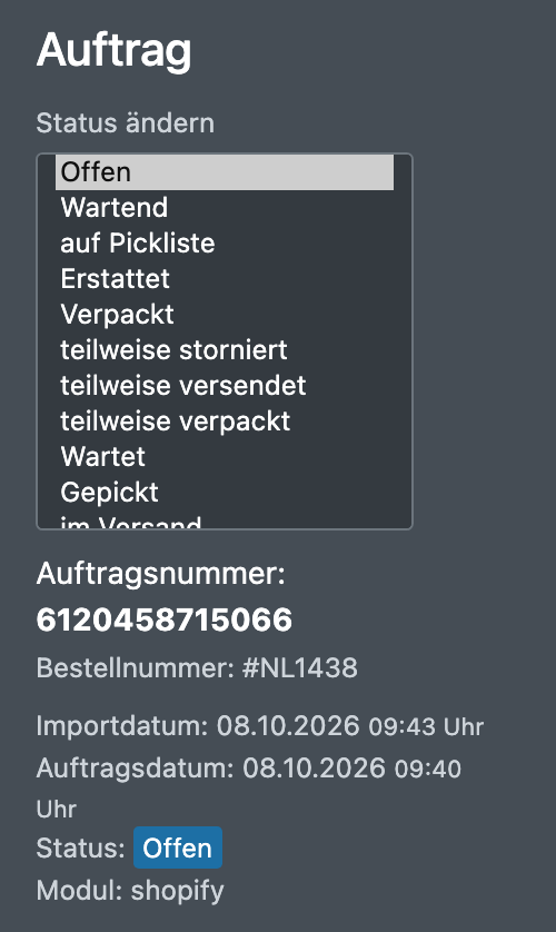 Screenshot: Geöffnetes Status-Dropdown „Status ändern“ in den Auftragsdetails