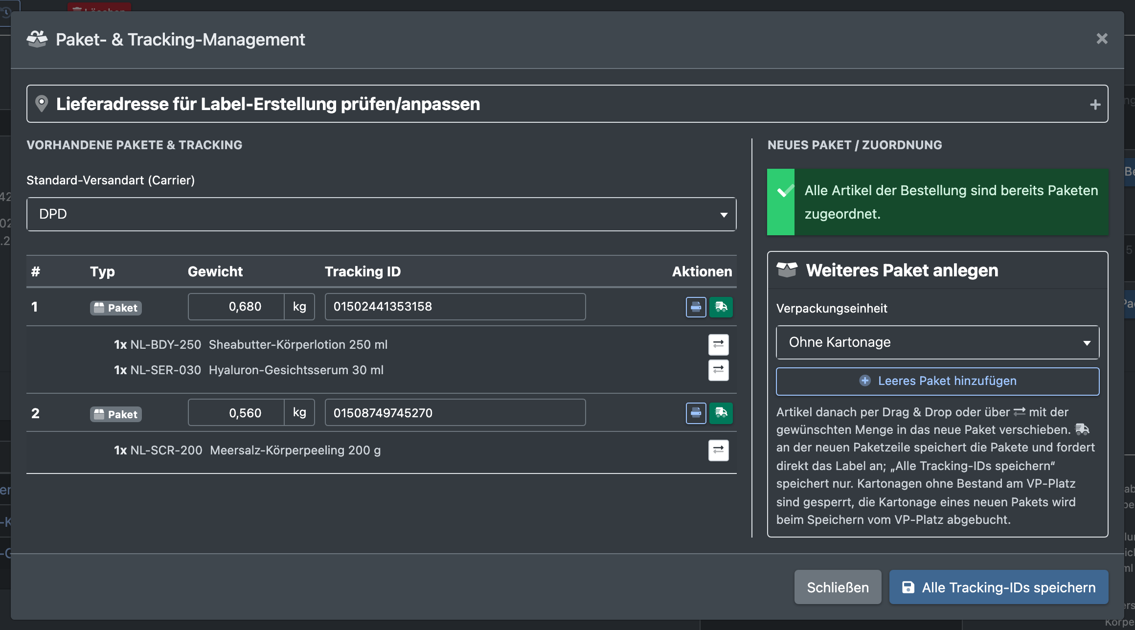 Screenshot: Dialog „Paket- & Tracking-Management“ mit vorhandenen Paketen und dem Bereich für neue Pakete