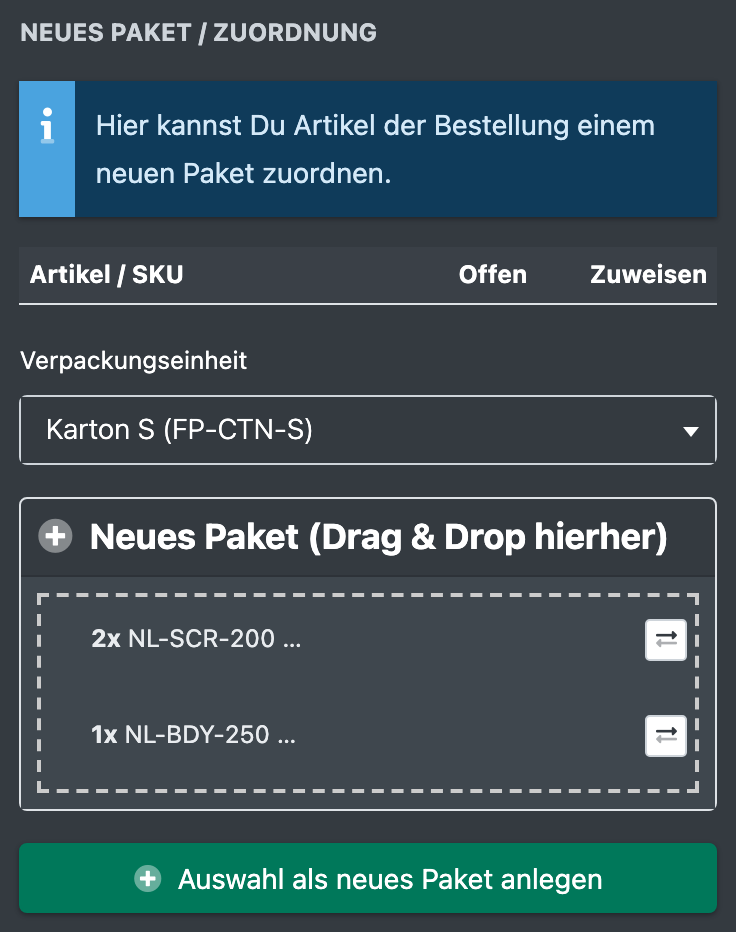 Screenshot: Bereich für neue Pakete mit in „Neues Paket“ gezogenen Artikeln und dem Dropdown Verpackungseinheit