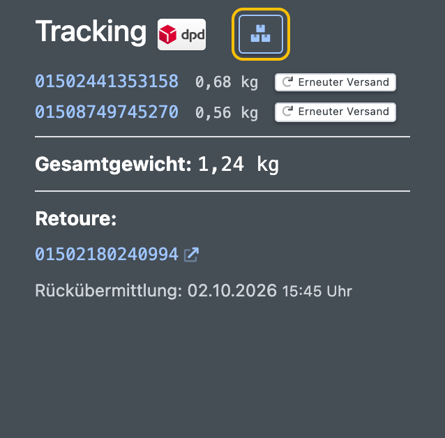 Screenshot: Bereich Tracking in den Auftragsdetails mit der Schaltfläche „Pakete & Tracking verwalten“