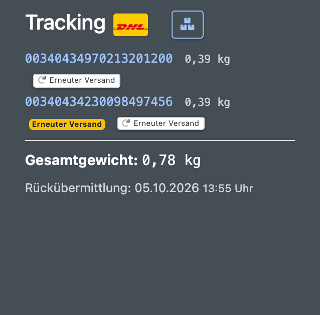 Screenshot: Tracking-Liste mit der Schaltfläche und dem Badge „Erneuter Versand“ neben einem Paket