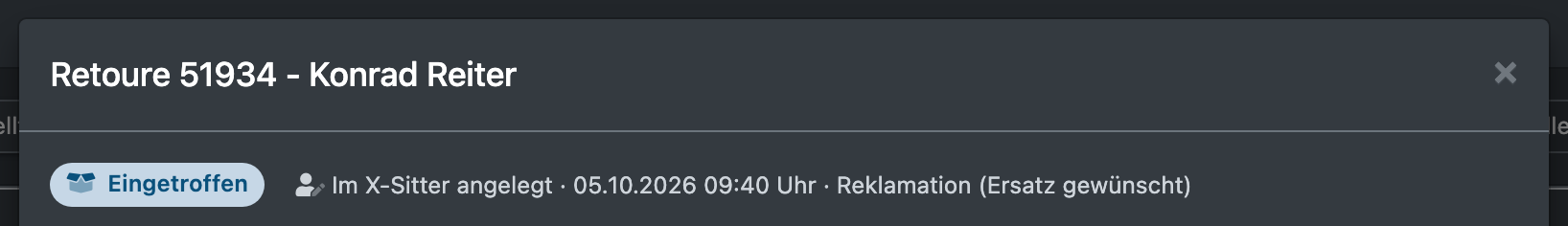 Screenshot: Kopf der Retourendetails mit Status-Pille, Quelle und Art der Retoure