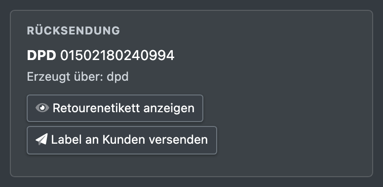 Screenshot: Retourendetails mit dem Kasten „Rücksendung“, Trackingnummer und den Label-Schaltflächen