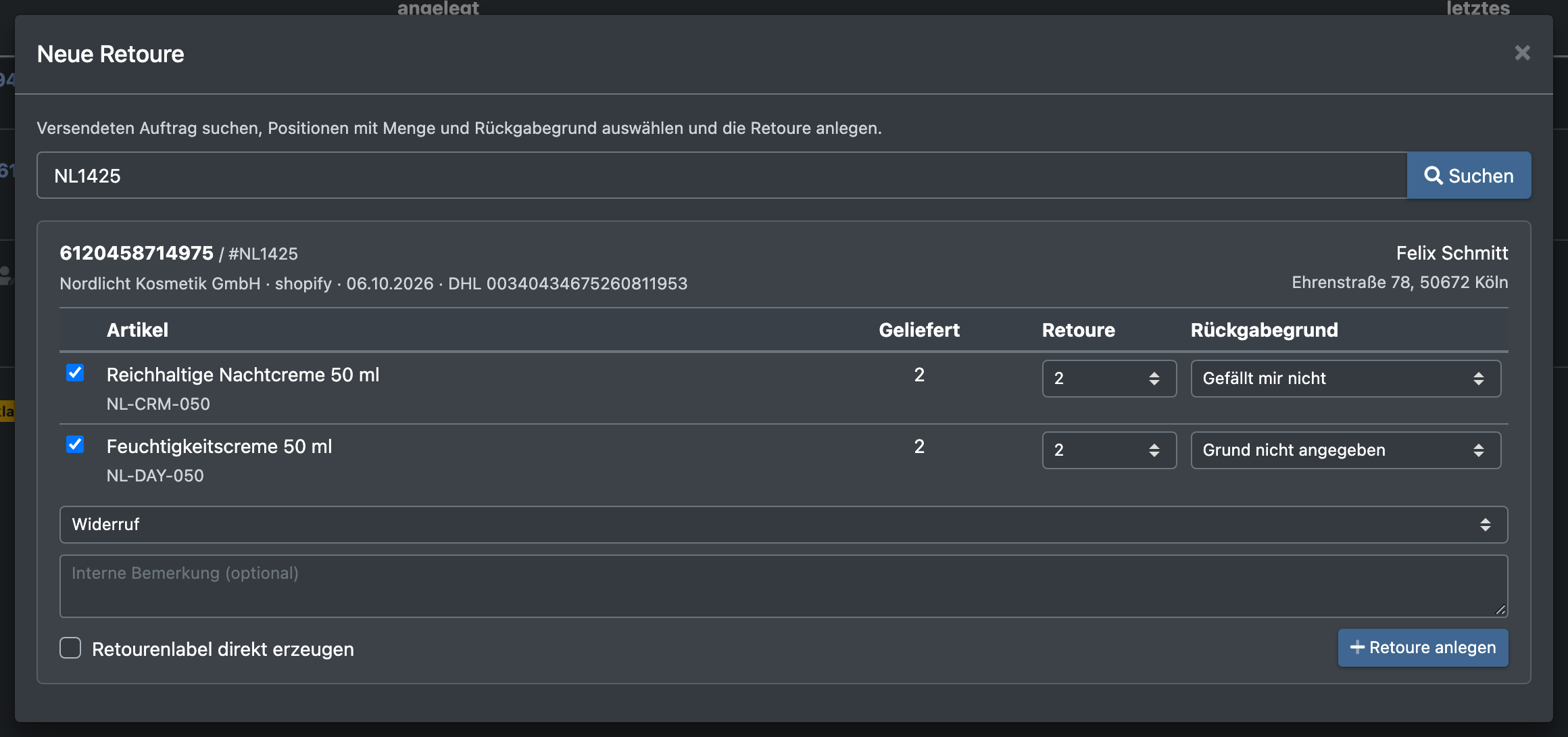 Screenshot: Dialog „Neue Retoure“ mit gefundenem Auftrag, angehakten Positionen, Menge, Rückgabegrund und Art der Retoure