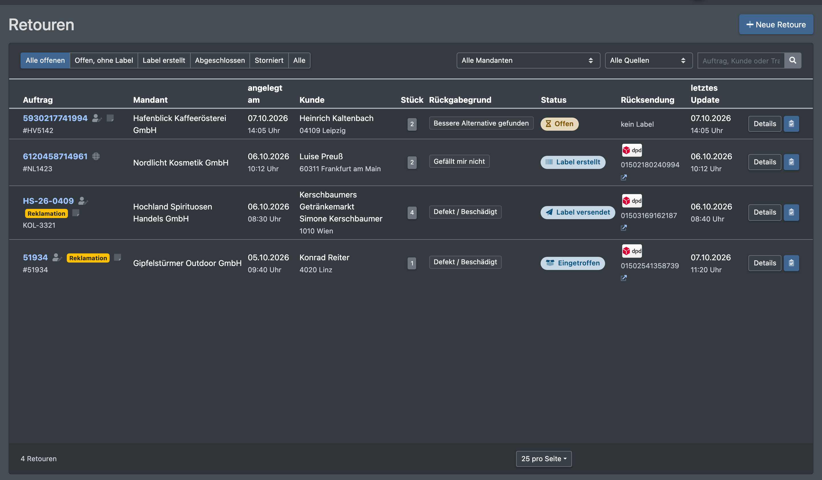 Screenshot: Retourenübersicht mit Fortschrittsfilter, Mandanten- und Quellenfilter, Suche und der Liste der Retouren
