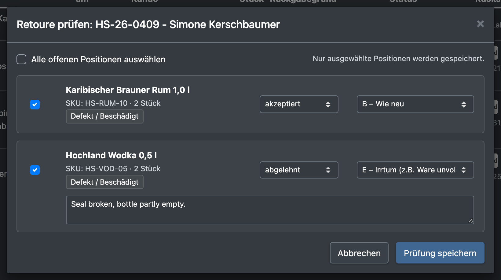 Screenshot: Prüfdialog mit Positionen auf akzeptiert/abgelehnt, Zustands-Dropdown und Feld für den Ablehnungsgrund