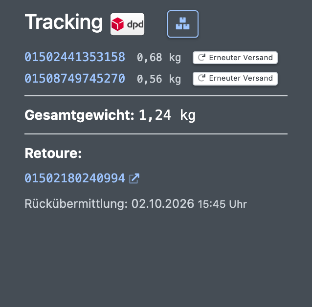 Screenshot: Bereich Tracking der Auftragsdetails mit mehreren Trackingnummern, Gesamtgewicht und Retouren-Abschnitt