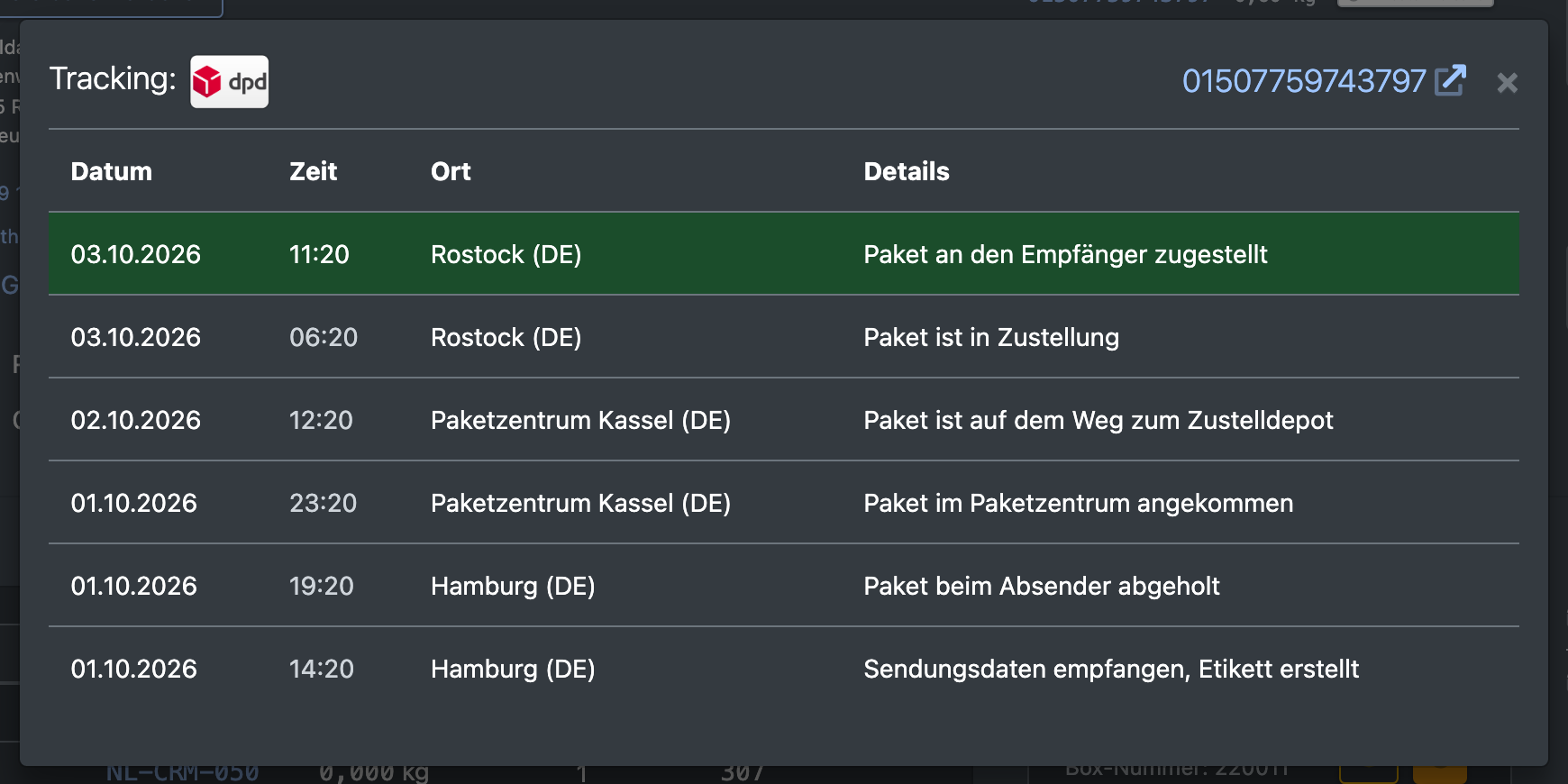 Screenshot: Dialog Sendungsereignisse mit Datum, Uhrzeit, Ort und Details