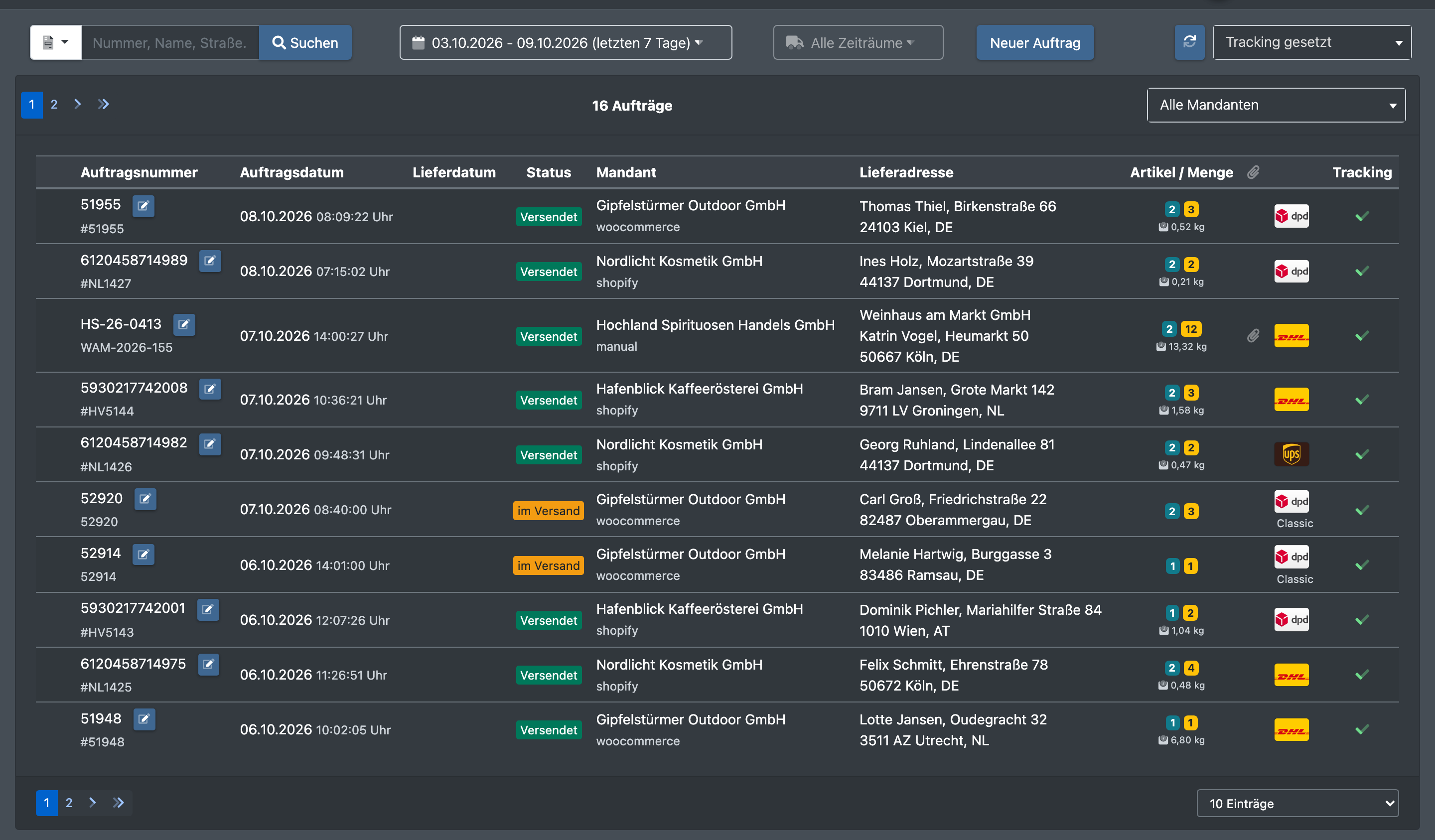 Screenshot: Auftragsübersicht gefiltert nach „Tracking gesetzt“ mit sichtbaren Tracking-Haken